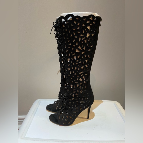 ✨NEW ✨ Via Spiga leather Tresa Cutout Lace Up Open Toe Tall Boots size 8.5 - Picture 7 of 15